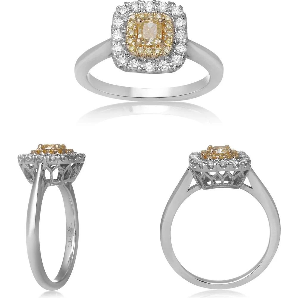 Roman & Jules - 18K White & Yellow Gold Cushion Fancy Yellow Diamond Halo Ring with Round Diamonds - 0.68 Carat Total Diamond Weight