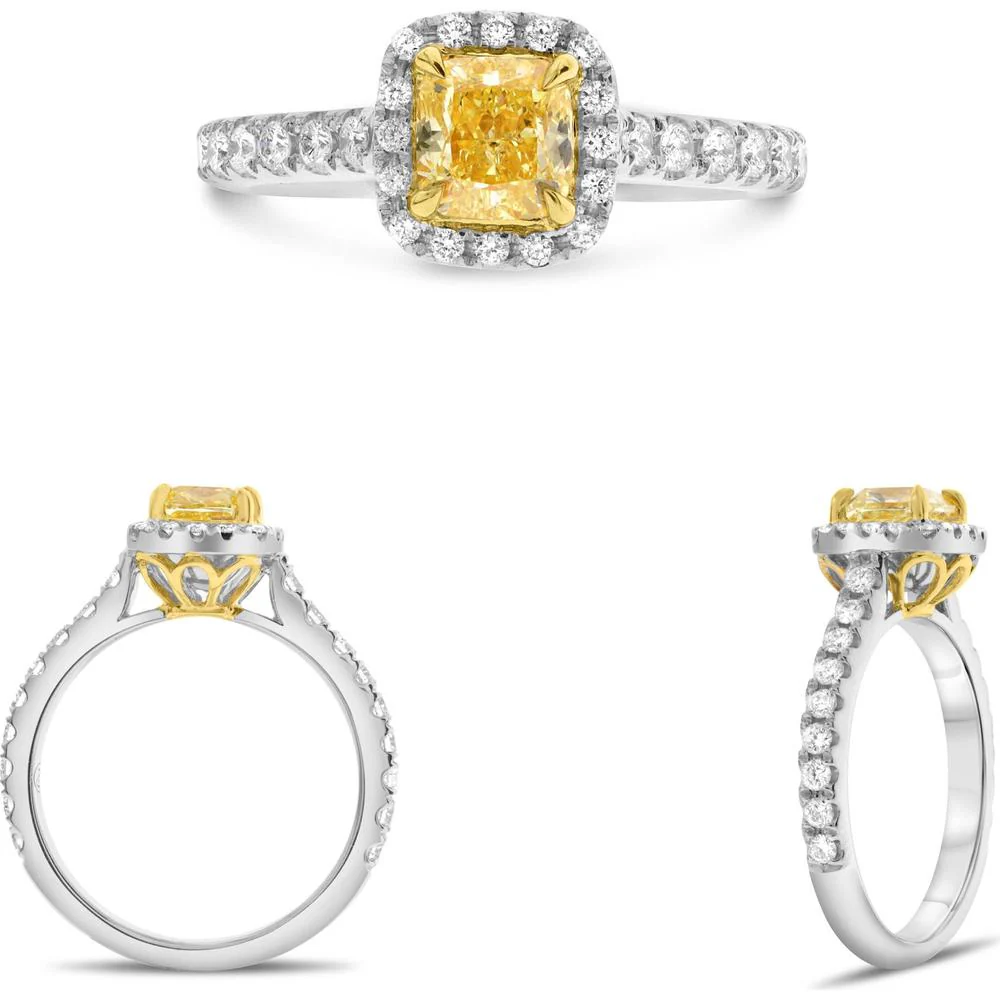 Roman & Jules - 18K White and Yellow Gold Cushion Fancy Yellow Diamond Halo Ring with Round Diamonds - 0.72 Carat Total Diamond Weight
