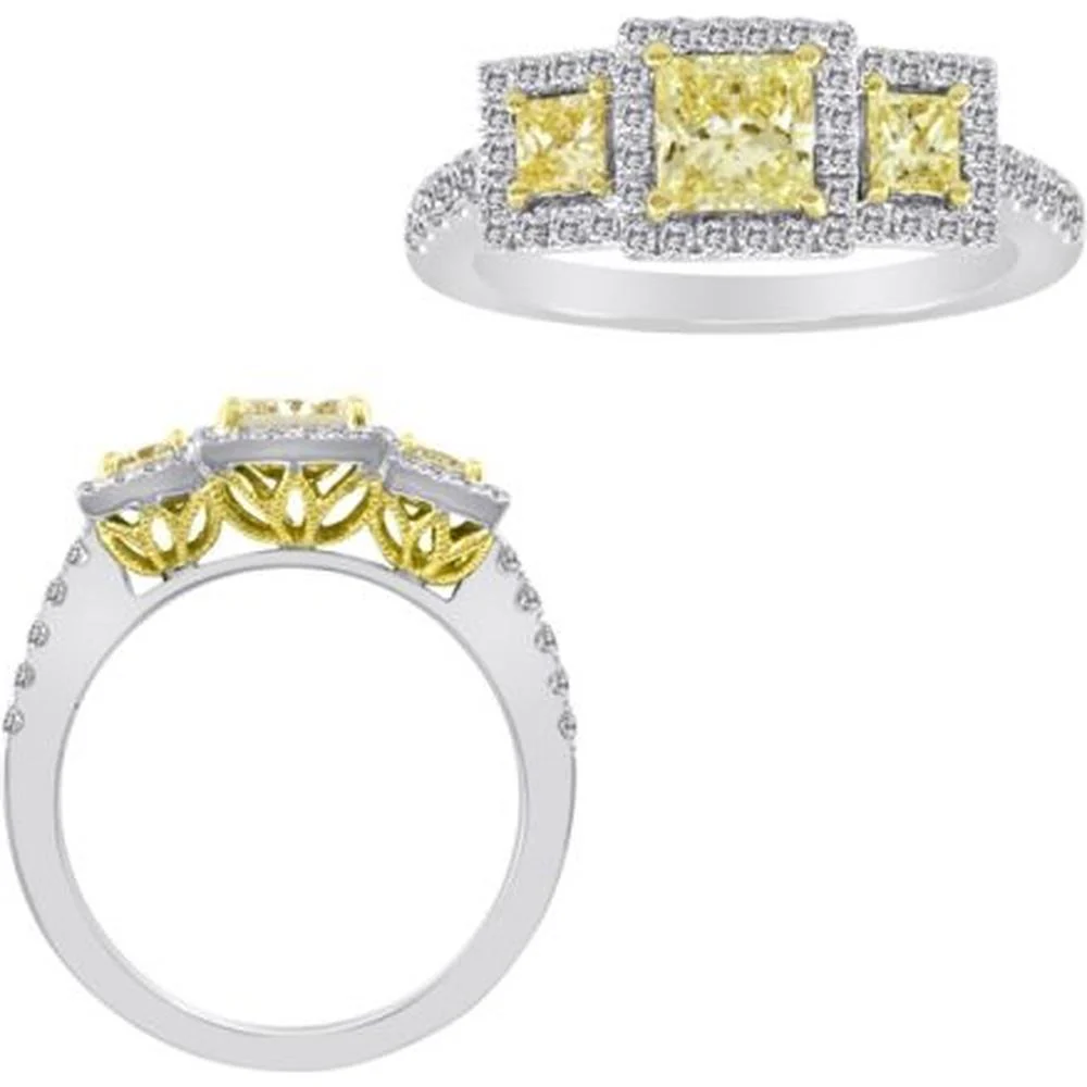 Roman & Jules - 18K White and Yellow Gold Cushion Fancy Yellow Diamond Halo Ring with Round Diamonds - 1.36 Carat Total Diamond Weight