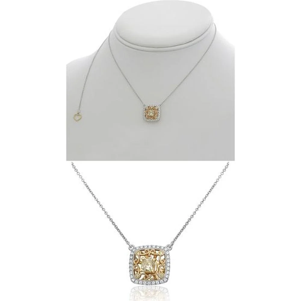 Roman & Jules - 18K White and Yellow Gold Cushion Fancy Yellow Diamond Necklace with Round Diamonds - 0.77 Carat Total Diamond Weight
