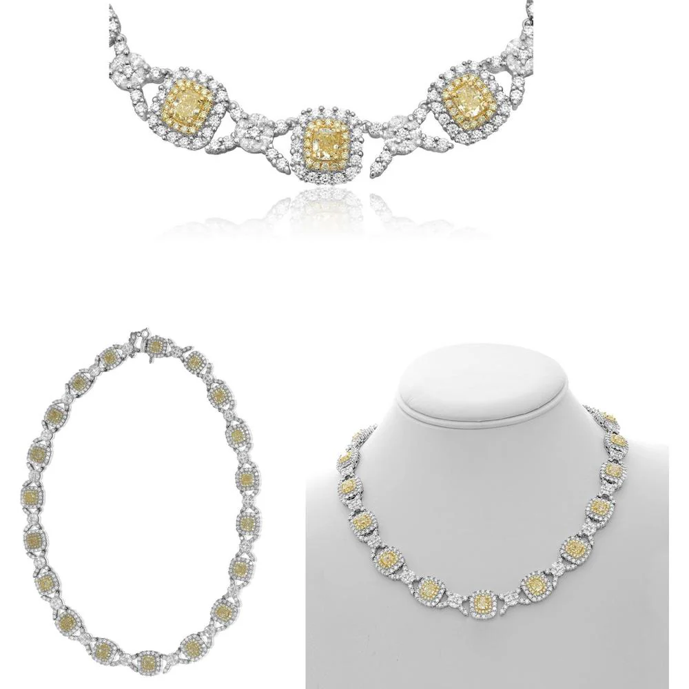 Roman & Jules - 18K White and Yellow Gold Cushion Fancy Yellow Diamond Necklace with Round Diamonds - 14.58 Carat Total Diamond Weight