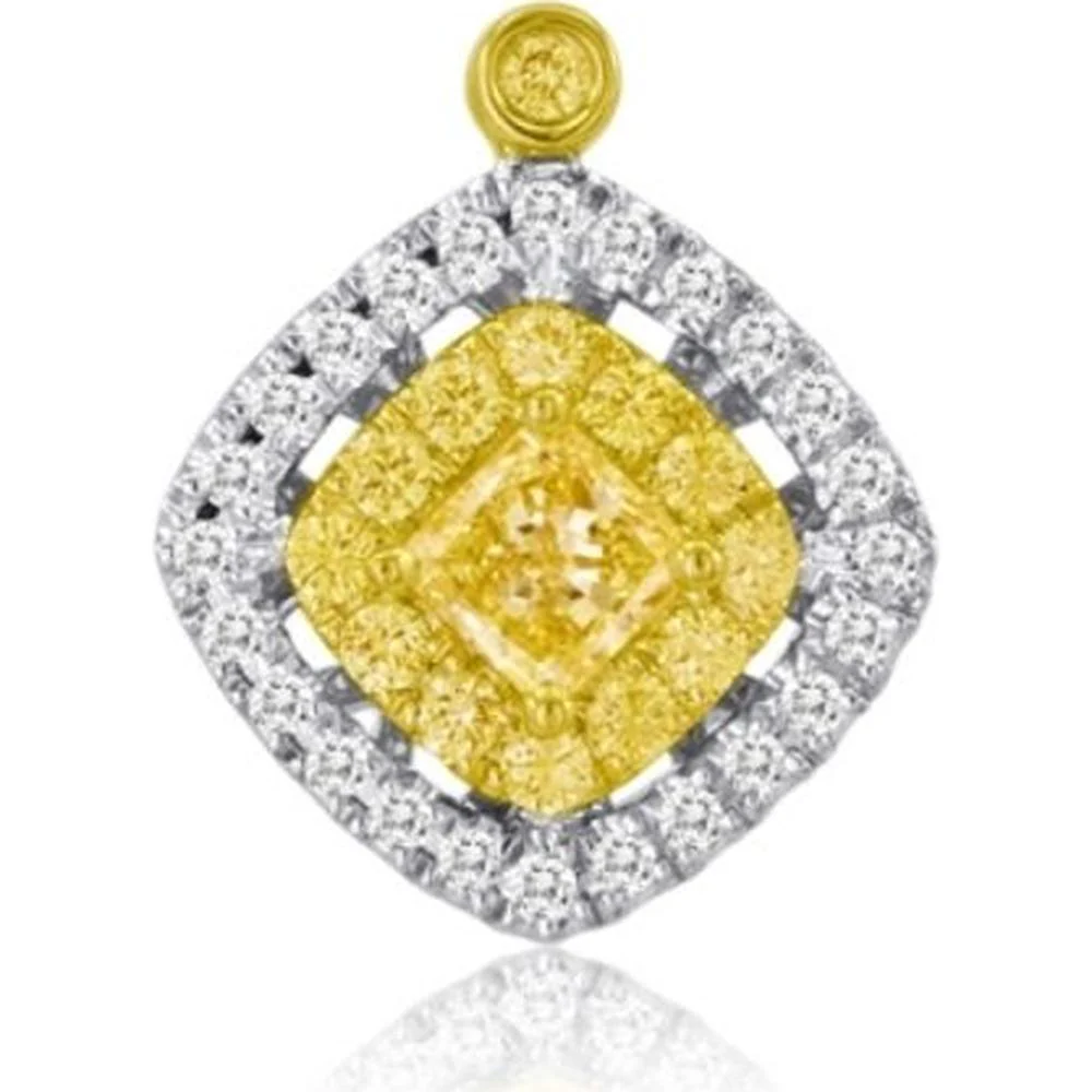 Roman & Jules - 18K White & Yellow Gold Cushion Fancy Yellow Diamond Pendant with Diamond Halo - 0.43 Carat Total Diamond Weight