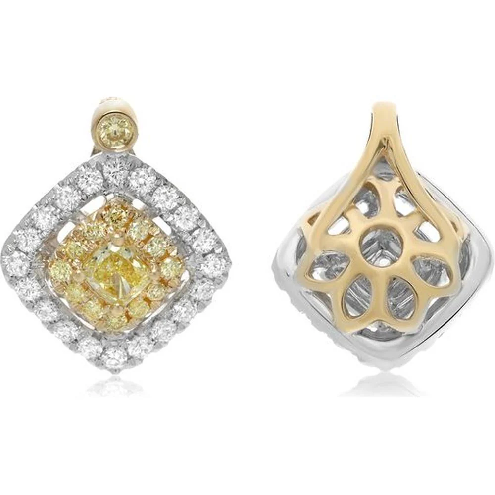 Roman & Jules - 18K White and Yellow Gold Cushion Fancy Yellow Diamond Pendant with Round Diamonds - 0.32 Carat Total Diamond Weight