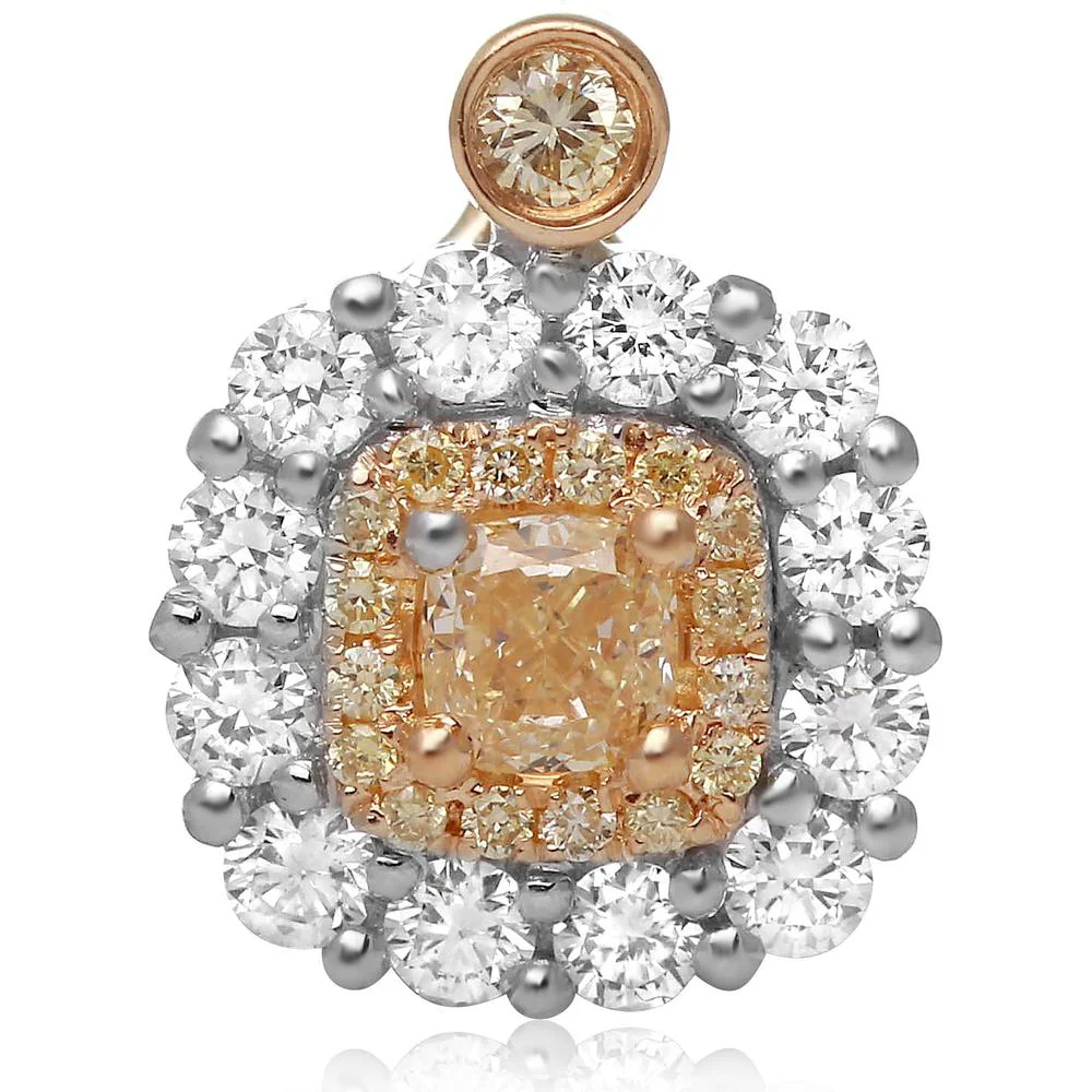 Roman & Jules - 18K White and Yellow Gold Cushion Fancy Yellow Diamond Pendant with Round White Diamonds - 0.48 Carat Total Diamond Weight