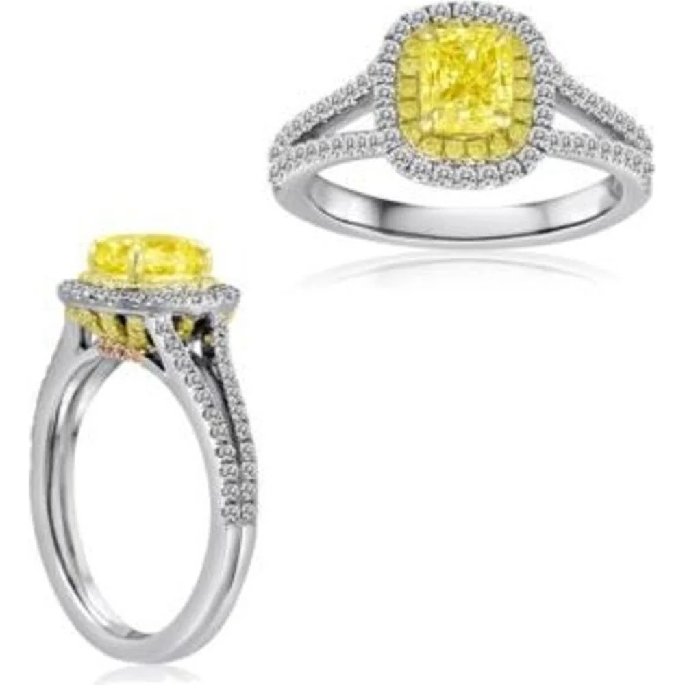Roman & Jules - 18K White and Yellow Gold Cushion Fancy Yellow Diamond Ring with Round and Pink Accent Diamonds - 0.71 Carat Total Diamond Weight