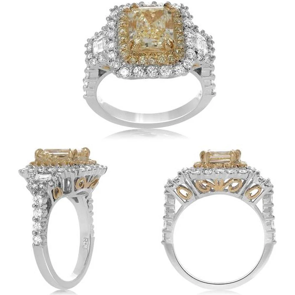 Roman & Jules - 18K White & Yellow Gold Cushion Fancy Yellow Diamond Ring with Round and Trapezoid Diamonds - 1.29 Carat Total Diamond Weight