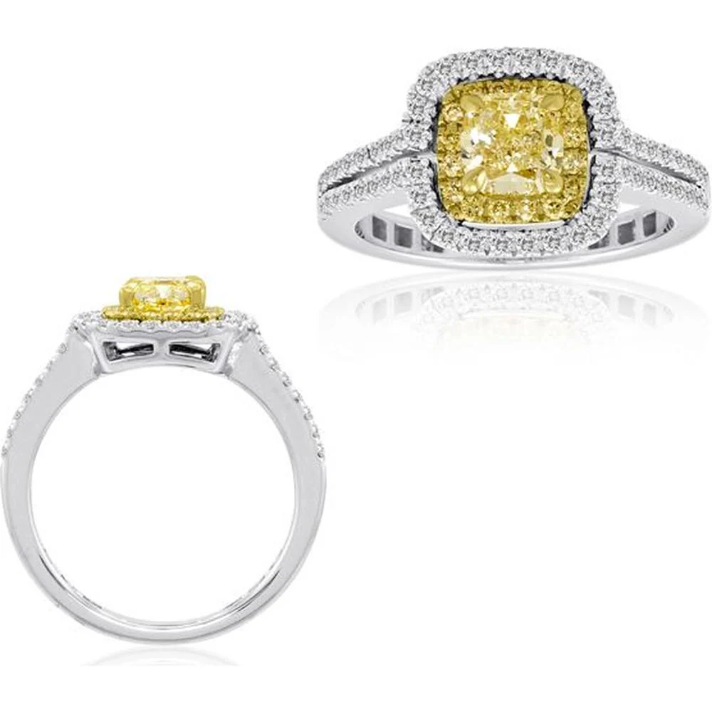 Roman & Jules - 18K White and Yellow Gold Cushion Fancy Yellow Diamond Ring with Round Diamond Halo - 0.57 Carat Total Diamond Weight