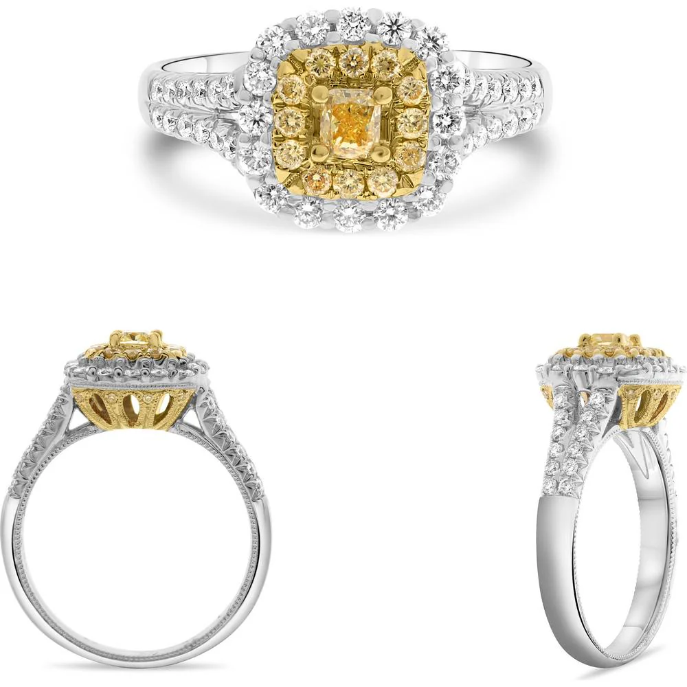 Roman & Jules - 18K White and Yellow Gold Cushion Fancy Yellow Diamond Ring with Round Diamonds - 0.49 Carat Total Diamond Weight