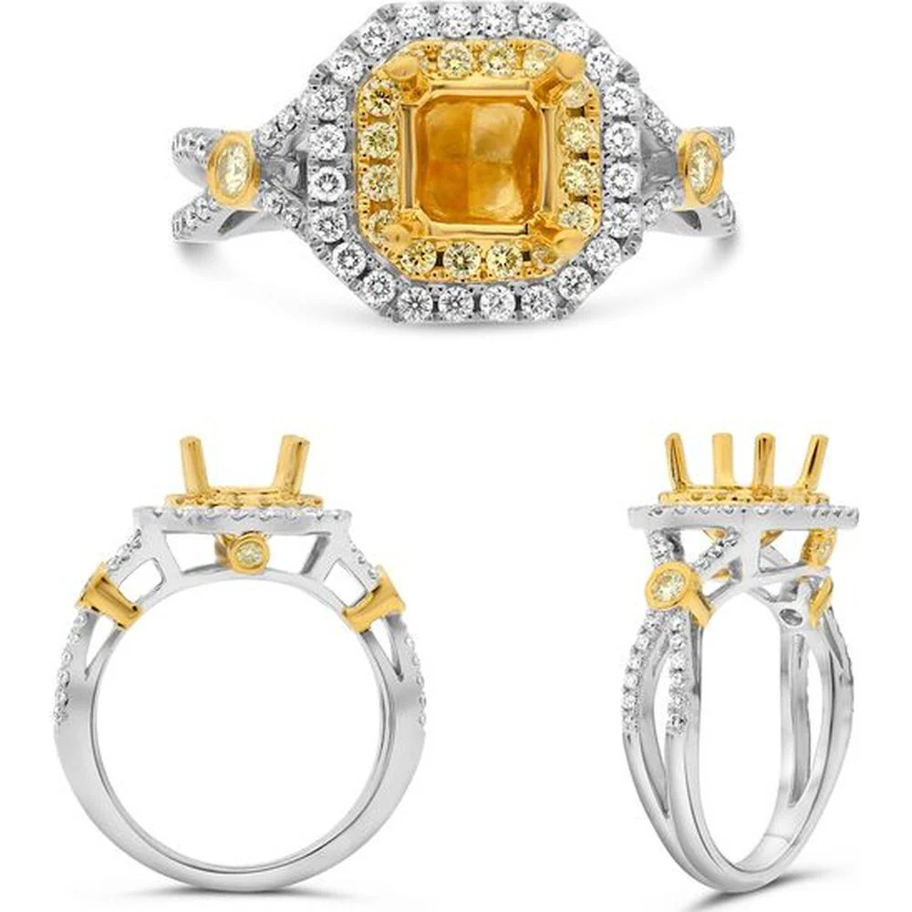 Roman & Jules - 18K White and Yellow Gold Cushion Fancy Yellow Diamond Ring with Round Diamonds - 0.66 Carat Total Diamond Weight