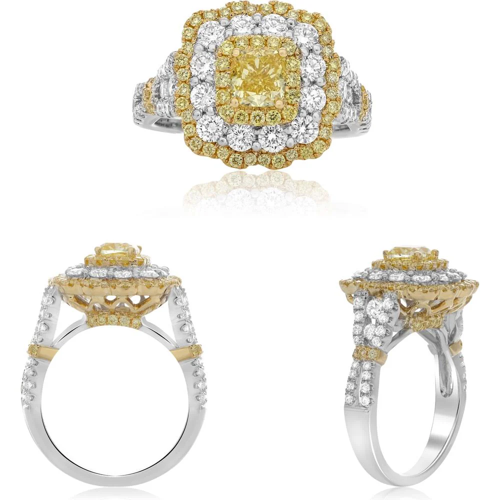 Roman & Jules - 18K White and Yellow Gold Cushion Fancy Yellow Diamond Ring with Round White Diamonds - 1.11 Carat Total Diamond Weight