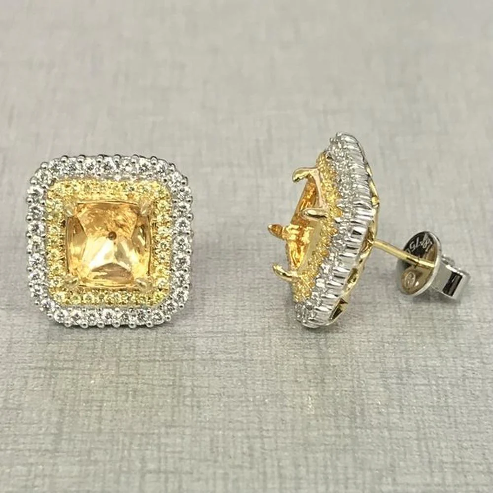 Roman & Jules - 18K White & Yellow Gold Cushion Fancy Yellow Diamond Stud Earrings - 1.08 Carat Total Diamond Weight