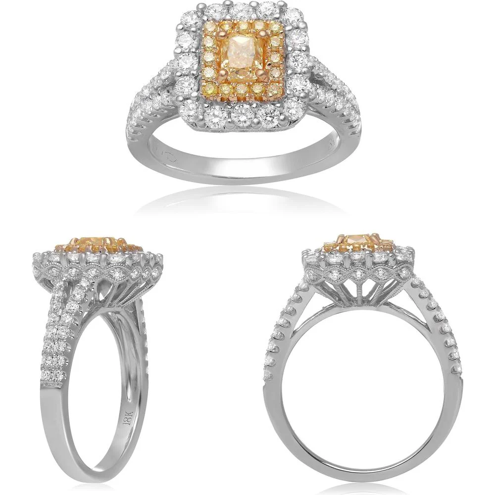 Roman & Jules - 18K White and Yellow Gold Cushion Shaped Fancy Yellow Diamond Ring with Radiant Cut Yellow Diamond and Round White Diamonds - 1.00 Carat Total Diamond Weight