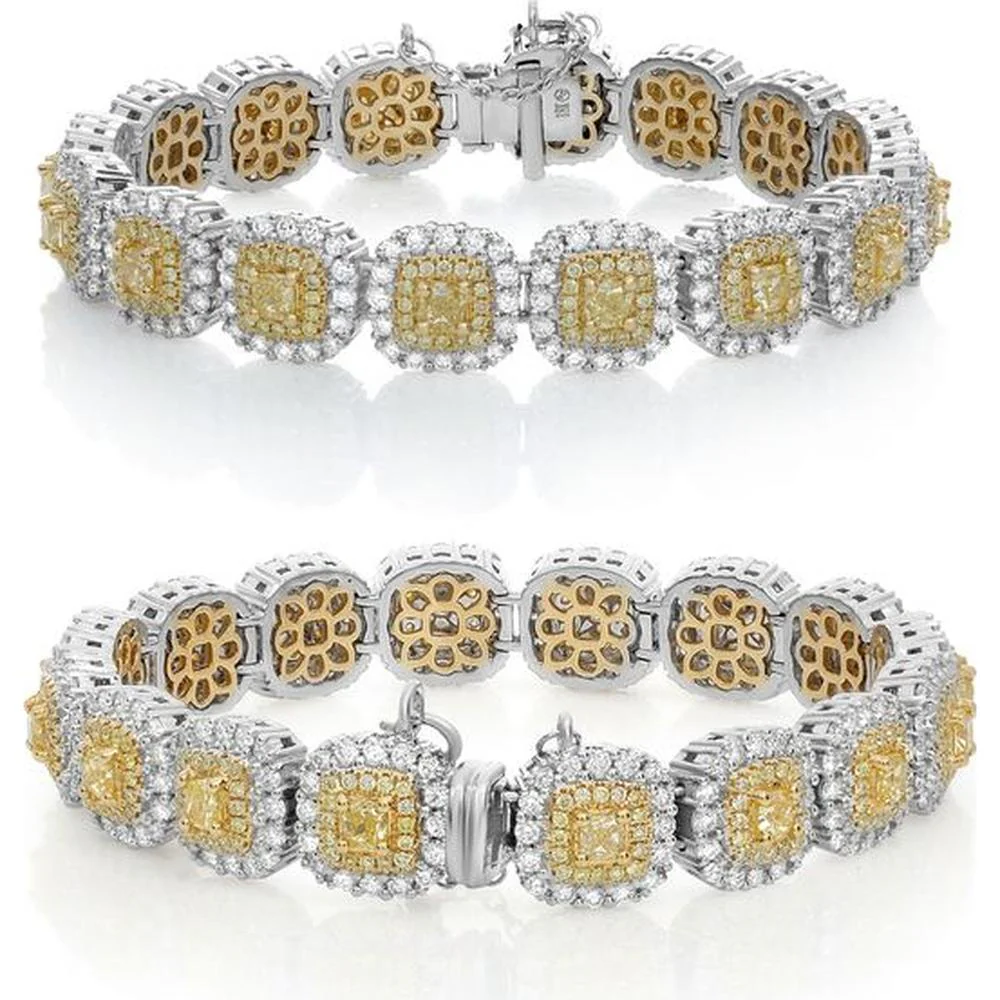 Roman & Jules - 18K White and Yellow Gold Double Halo Diamond Bracelet with Fancy Yellow Diamonds - 6.46 Carat Total Diamond Weight