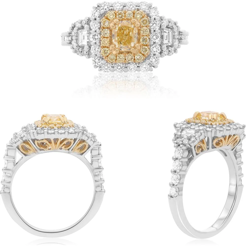 Roman & Jules - 18K White and Yellow Gold Double Halo Diamond Ring with 0.72 Carat Radiant Yellow Diamond and 0.81 Carat Round White Diamonds