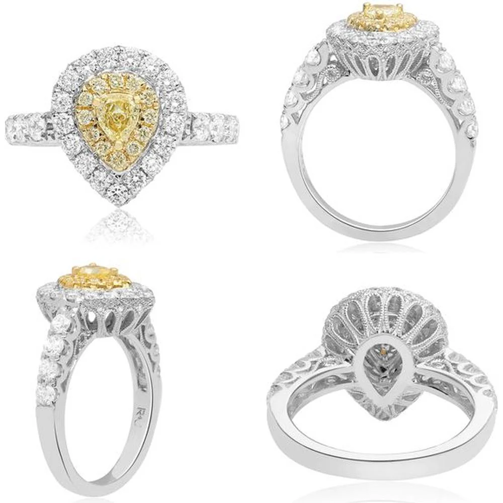 Roman & Jules - 18K White and Yellow Gold Double Halo Pear-Shaped Diamond Ring with Fancy Yellow Diamond - 1.38 Carat Total Diamond Weight