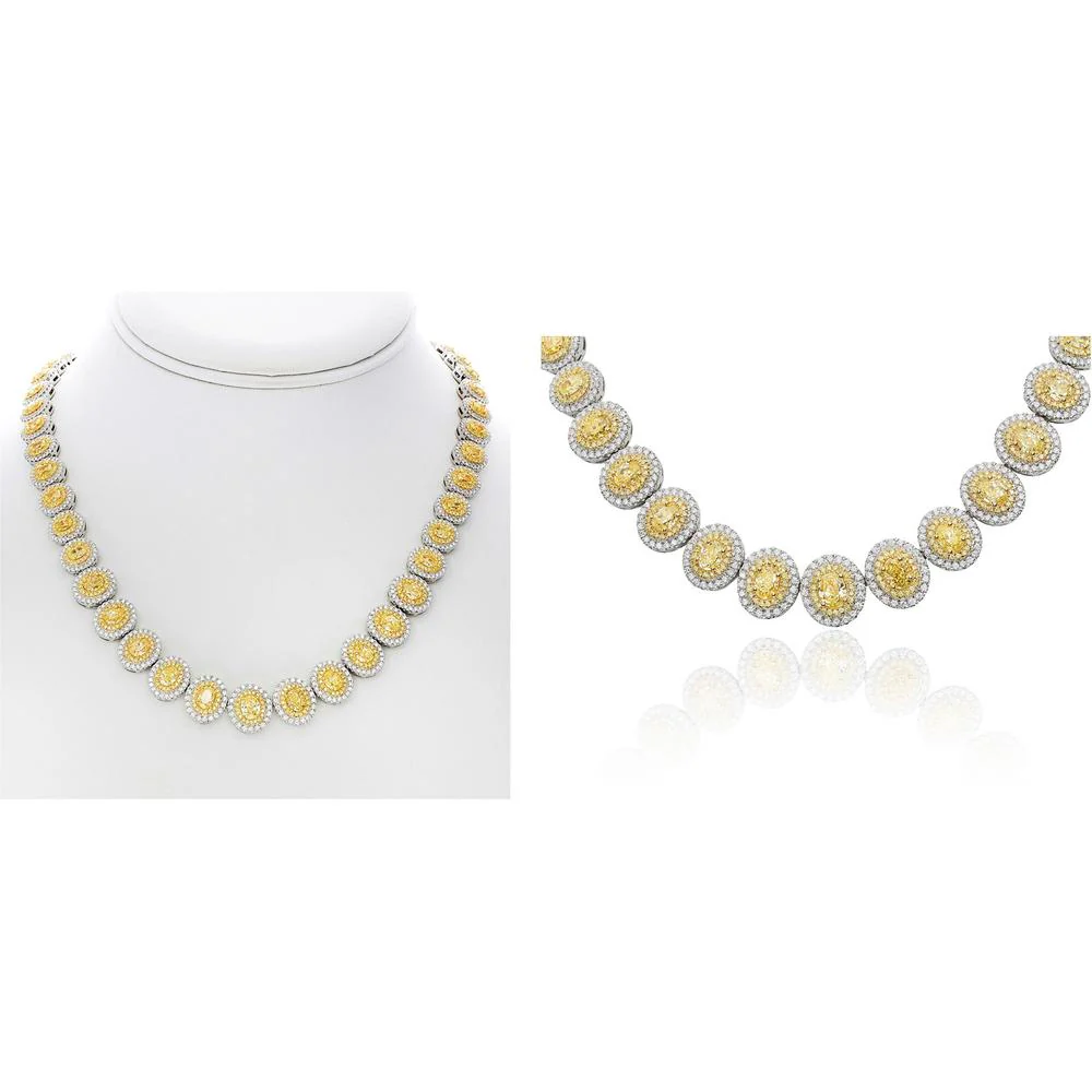 Roman & Jules - 18K White and Yellow Gold Double Halo Pendant Necklace with 14.08 Carat Fancy Yellow Diamond and 4.88 Carat Round Diamonds