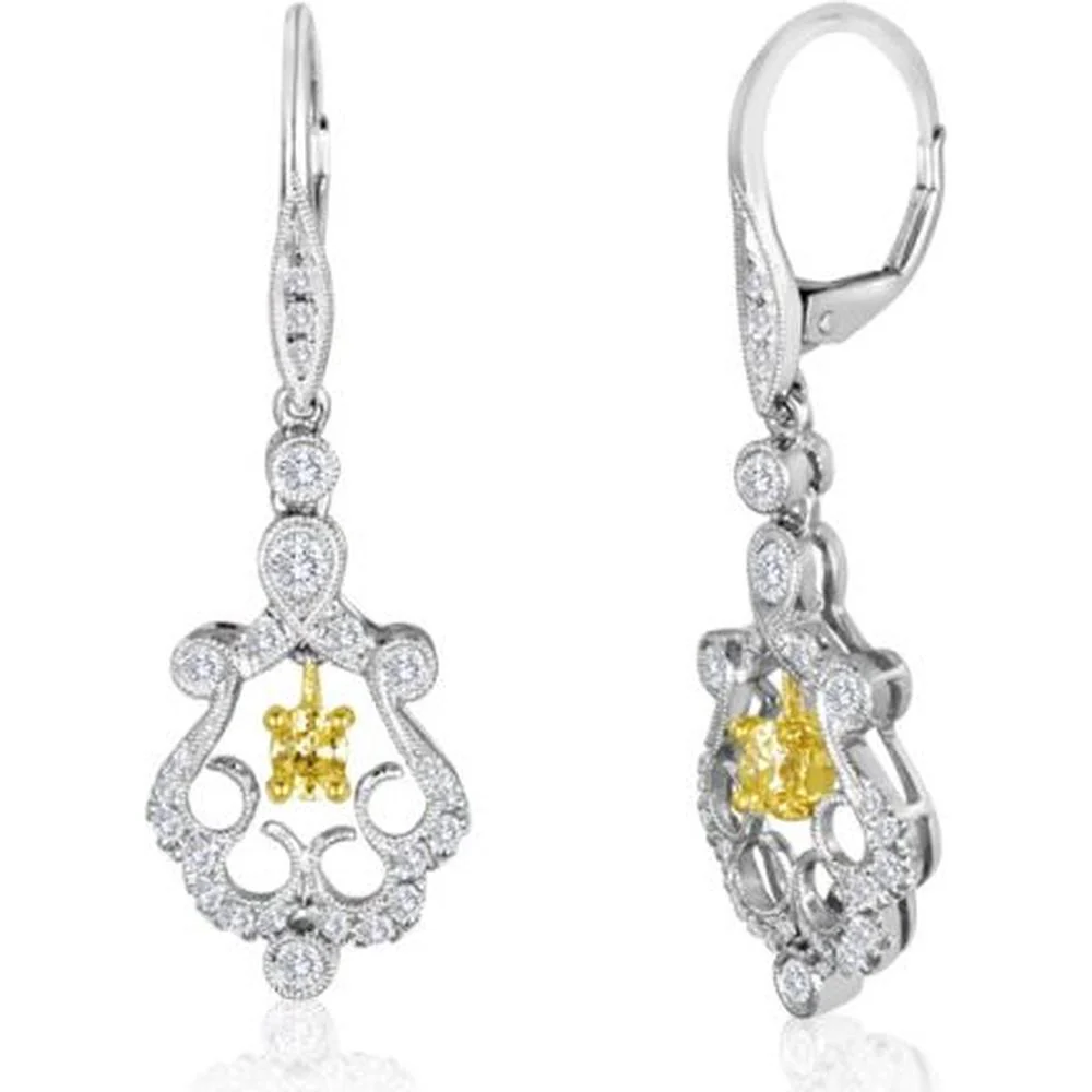 Roman & Jules - 18K White and Yellow Gold Drop Earrings with Fancy Yellow and Round Diamonds - 1.11 Carat Total Diamond Weight