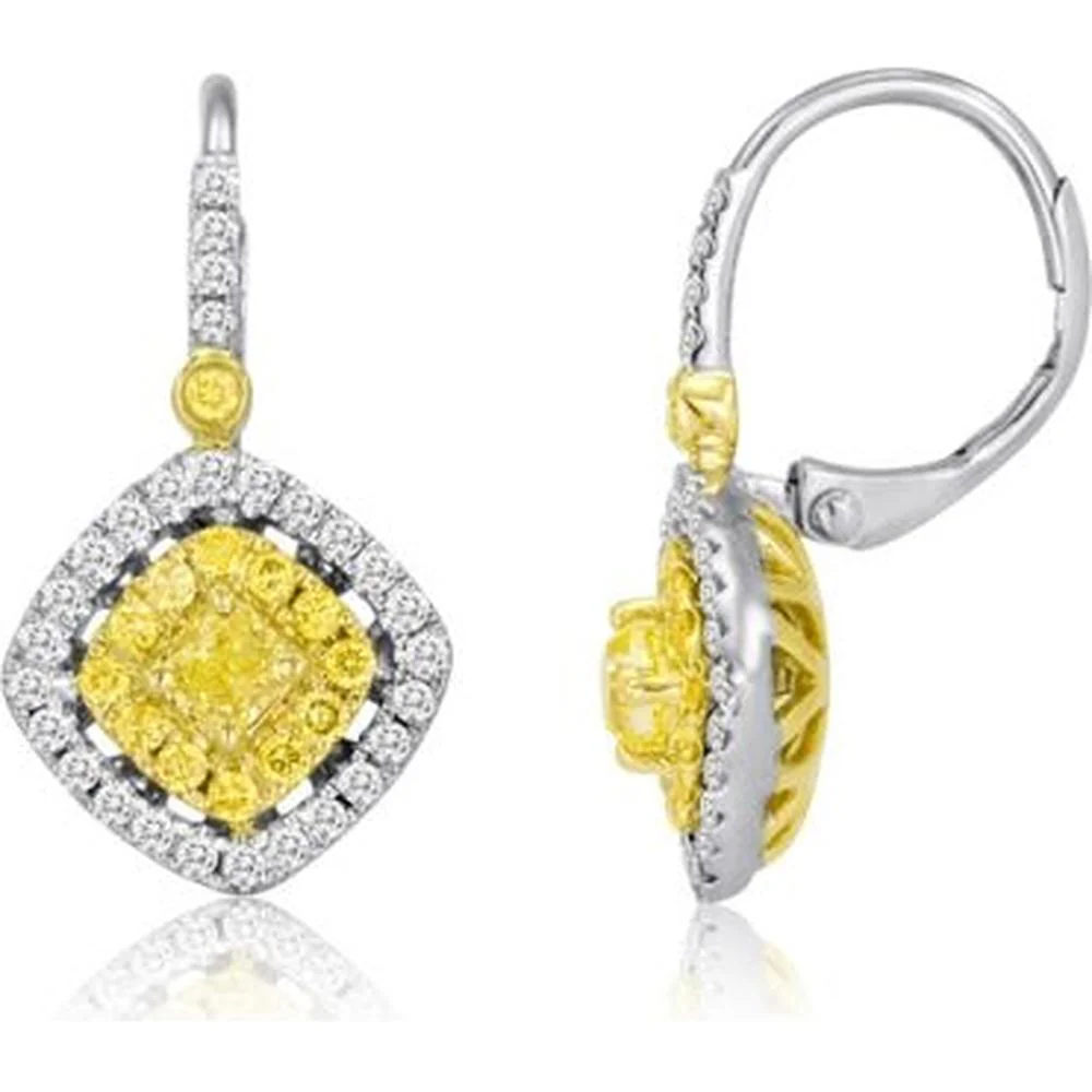 Roman & Jules - 18K White and Yellow Gold Drop Earrings with Fancy Yellow Cushion Cut Diamond and Round White Diamonds - 0.80 Carat Total Diamond Weight