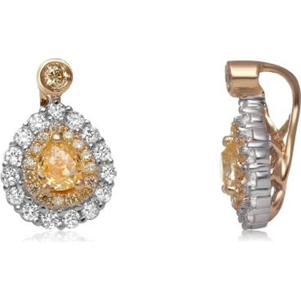 Roman & Jules - 18K White and Yellow Gold Drop Earrings with Fancy Yellow Pear Shape Diamond and Round White Diamonds - 0.50 Carat Total Diamond Weight