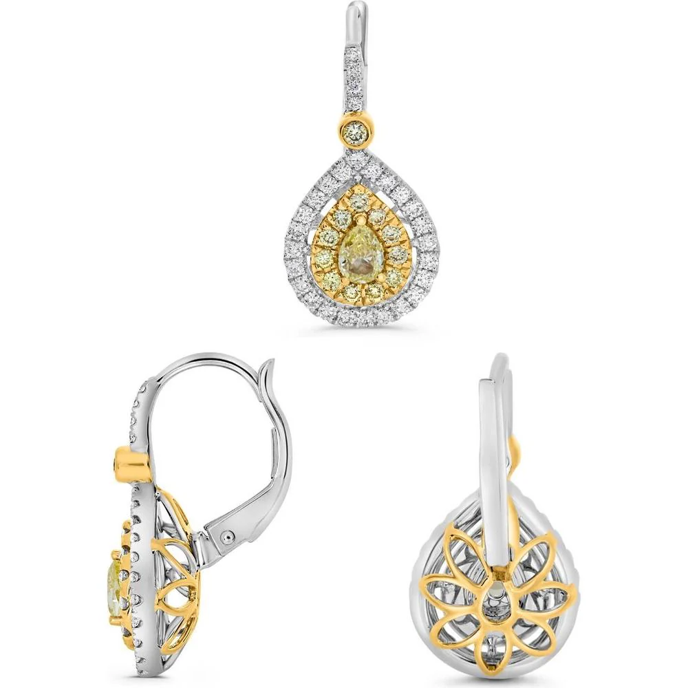 Roman & Jules - 18K White and Yellow Gold Drop Earrings with Fancy Yellow Pear Shaped Diamonds and Round White Diamonds - 1.98 Carat Total Diamond Weight