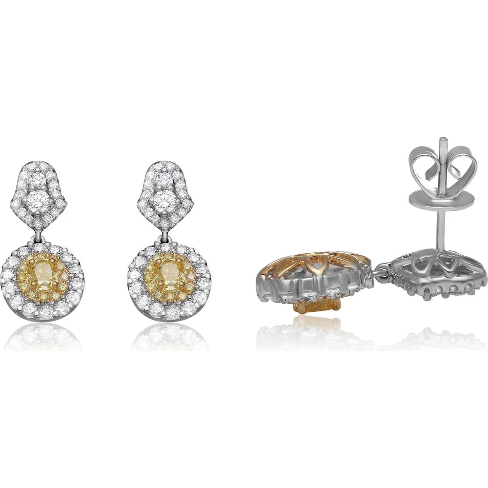 Roman & Jules - 18K White & Yellow Gold Drop Earrings with Oval Fancy Yellow Diamond and Round Diamond Halo - 1.16 Carat Total Diamond Weight