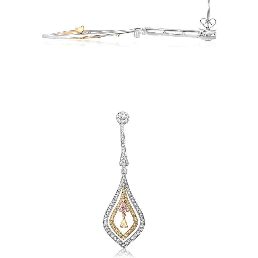 Roman & Jules - 18K White and Yellow Gold Earrings with Fancy Yellow Pear-Shaped Diamond and Pink Diamond Accents - 1.27 Carat Total Diamond Weight