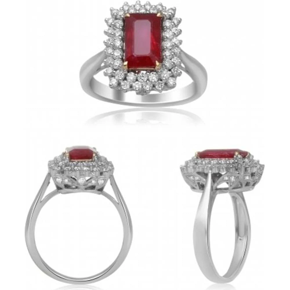Roman & Jules - 18K White and Yellow Gold Emerald Cut Ruby Ring with Round Diamond Accent - 0.69 Carat Ruby, 2.11 Carat Total Diamond Weight