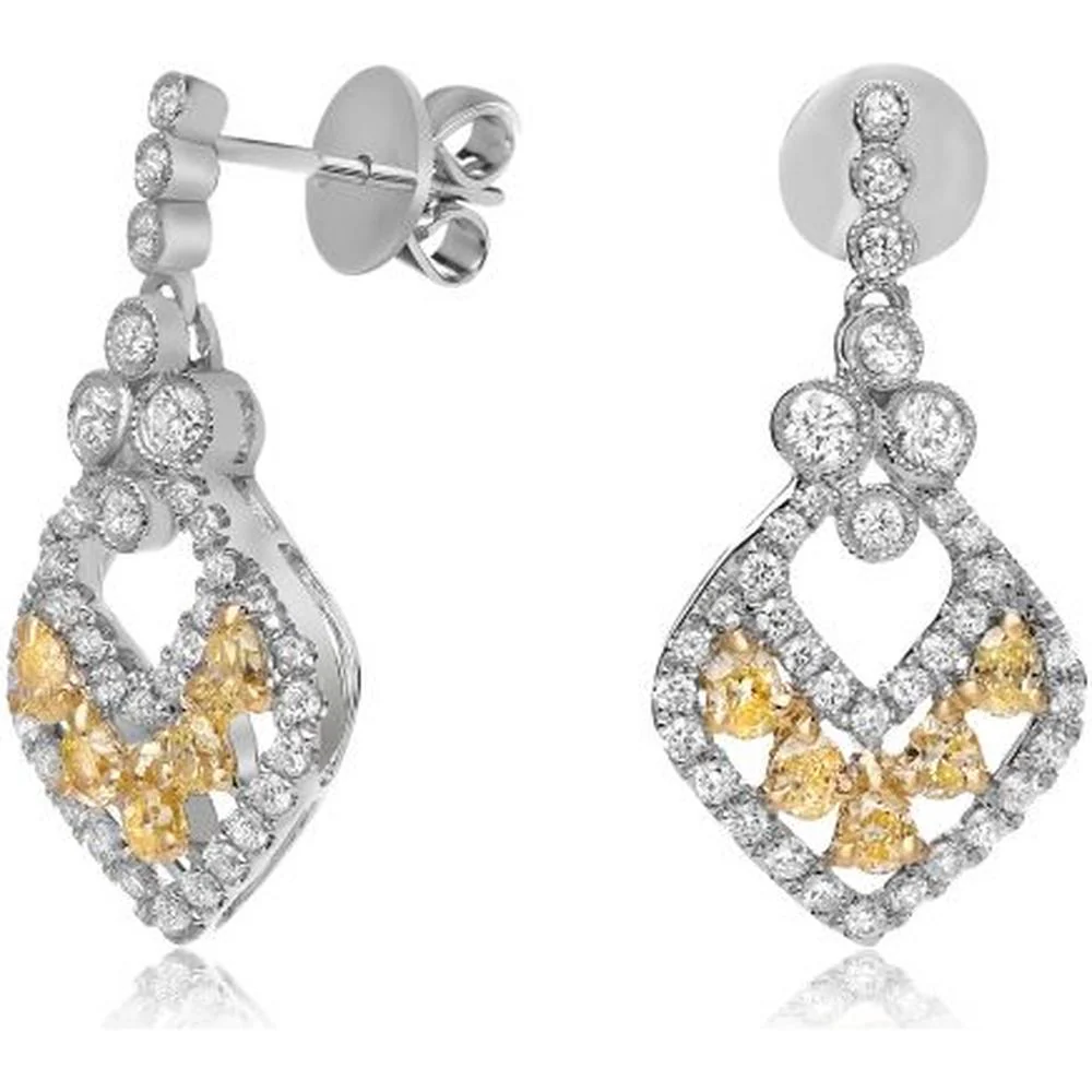 Roman & Jules - 18K White and Yellow Gold Fancy Yellow Diamond and Round Diamond Drop Earrings - 0.81 Carat Total Diamond Weight