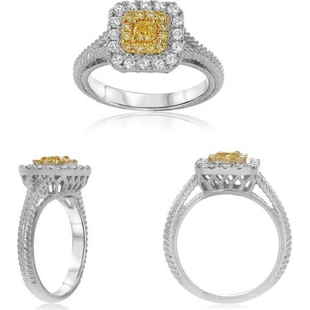 Roman & Jules - 18K White and Yellow Gold Fancy Yellow Diamond Halo Ring with Round Diamonds - 0.35 Carat Total Diamond Weight