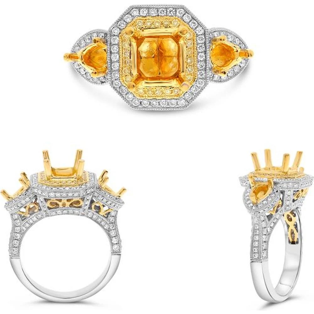 Roman & Jules - 18K White and Yellow Gold Fancy Yellow Diamond Halo Ring with Round Diamonds - 0.93 Carat Total Diamond Weight