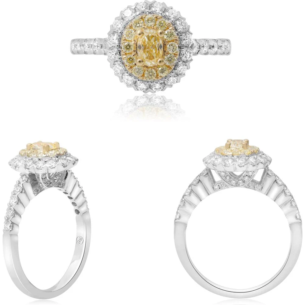 Roman & Jules - 18K White and Yellow Gold Fancy Yellow Diamond Oval Ring with Round Diamond Halo - 1.31 Carat Total Diamond Weight