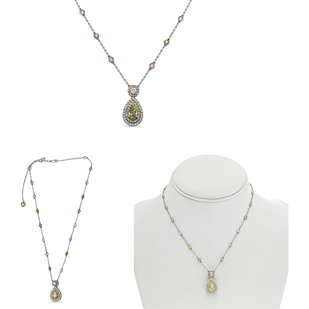 Roman & Jules - 18K White & Yellow Gold Fancy Yellow Diamond Pear Shape Necklace with Round White, Yellow, and Pink Diamonds - 3.42 Carat Total Diamond Weight