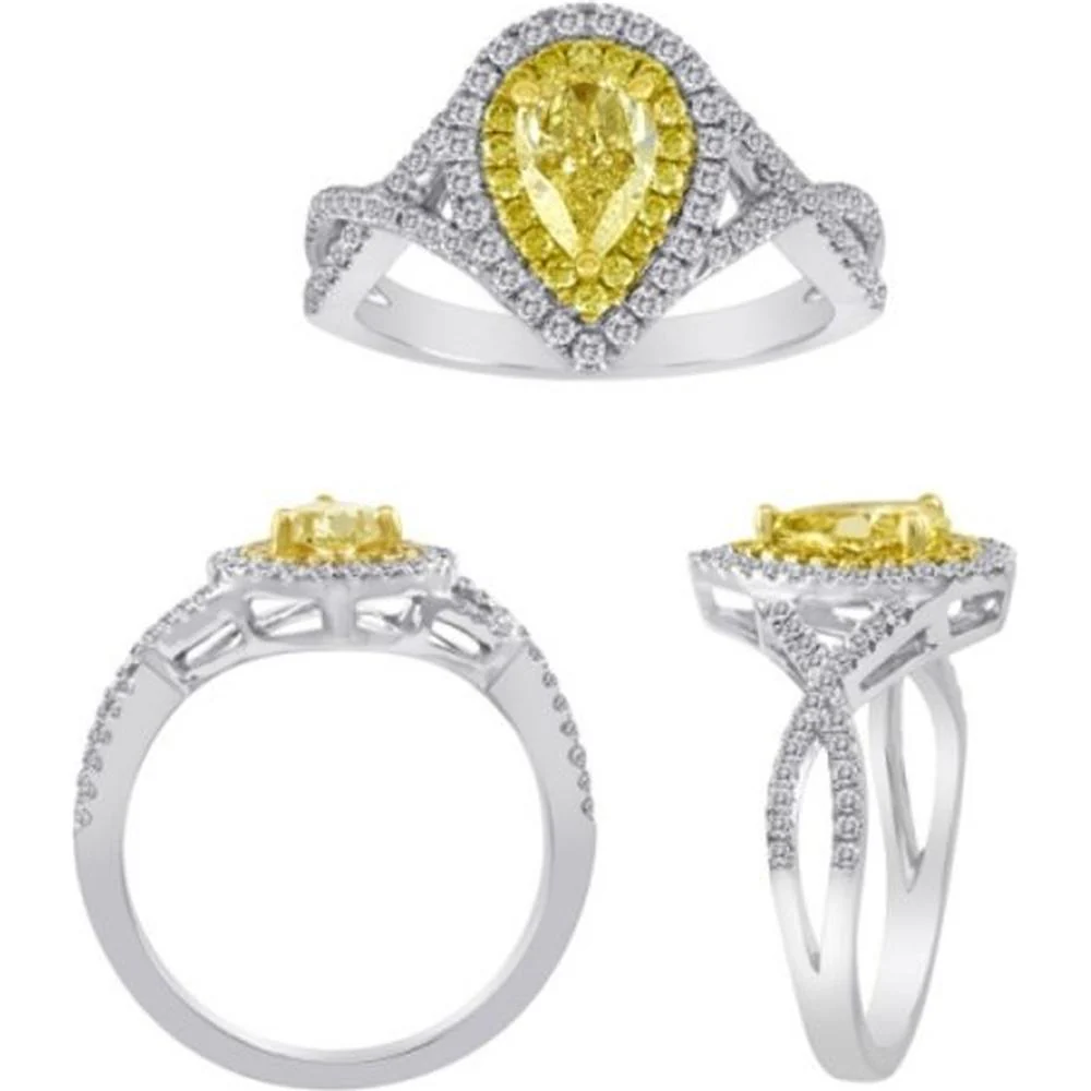 Roman & Jules - 18K White and Yellow Gold Fancy Yellow Diamond Pear Shape Ring with Round Diamonds - 1.09 Carat Total Diamond Weight