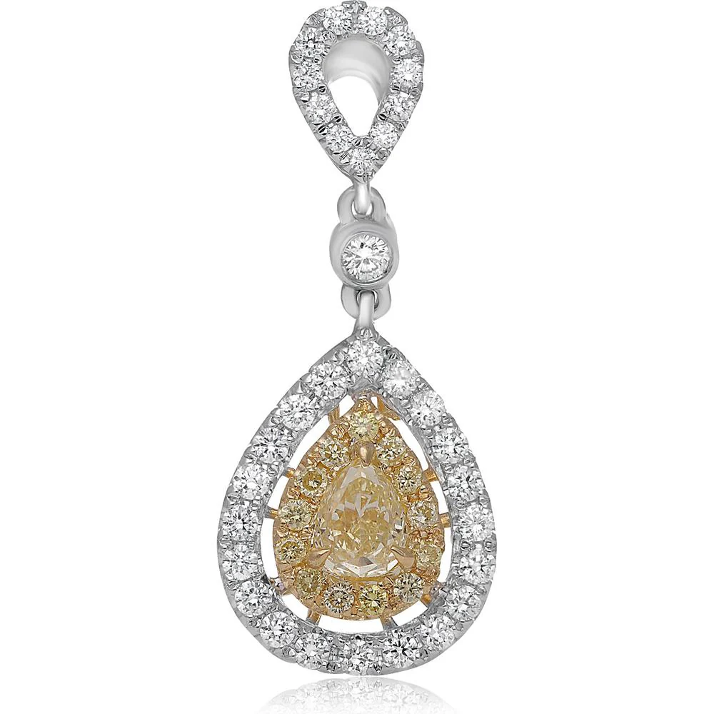 Roman & Jules - 18K White and Yellow Gold Fancy Yellow Diamond Pendant with Round Diamond Halo - 0.90 Carat Total Diamond Weight