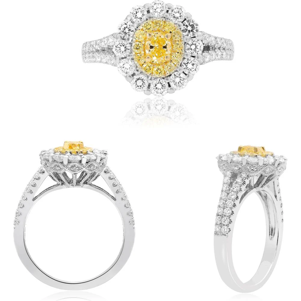 Roman & Jules - 18K White and Yellow Gold Fancy Yellow Diamond Ring with Double Halo and Round Diamonds - 1.45 Carat Total Diamond Weight