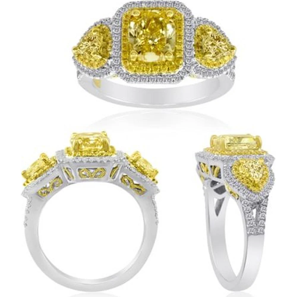 Roman & Jules - 18K White and Yellow Gold Fancy Yellow Diamond Ring with Pear-Shaped and Round Diamonds - 1.01 Carat Total Diamond Weight