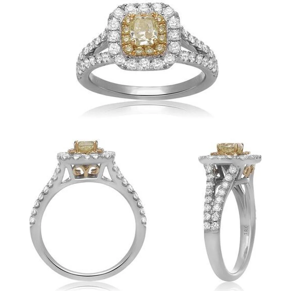 Roman & Jules - 18K White & Yellow Gold Fancy Yellow Diamond Ring with Round White Diamonds - 1.04 Carat Total Diamond Weight