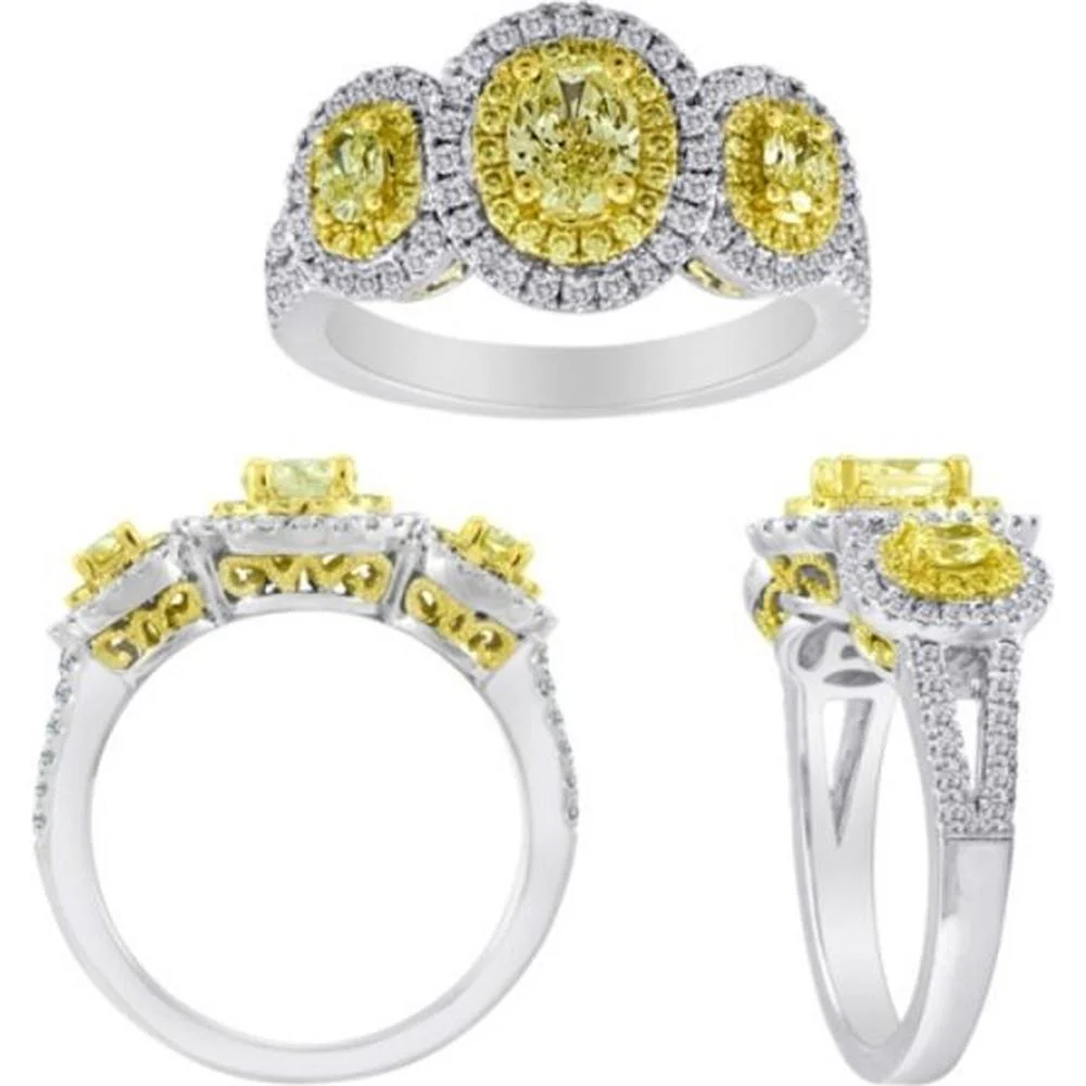 Roman & Jules - 18K White and Yellow Gold Fancy Yellow Oval Diamond Ring with Diamond Halo - 1.03 Carat Total Yellow Diamond Weight