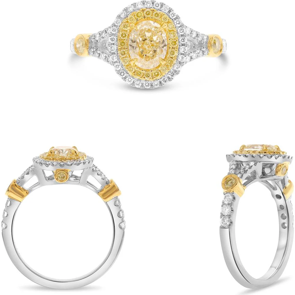 Roman & Jules - 18K White & Yellow Gold Fancy Yellow Oval Diamond Ring with Double Halo - 1.42 Carat Total Diamond Weight