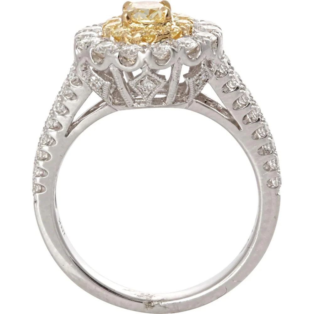 Roman & Jules - 18K White and Yellow Gold Fancy Yellow Oval Diamond Ring with Double Halo and Round White Diamonds - 1.07 Carat Total Diamond Weight