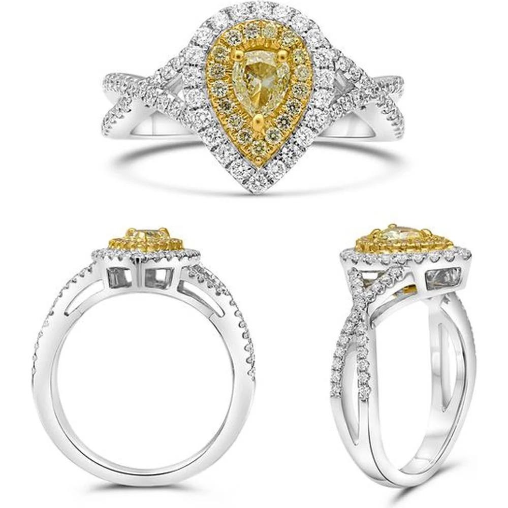 Roman & Jules - 18K White and Yellow Gold Fancy Yellow Pear Shape Diamond Ring with Round White Diamond Halo - 0.77 Carat Total Diamond Weight