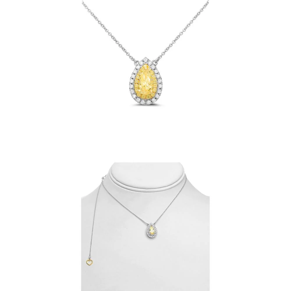 Roman & Jules - 18K White and Yellow Gold Fancy Yellow Pear Shaped Diamond Necklace with Round Diamond Halo - 1.14 Carat Total Diamond Weight