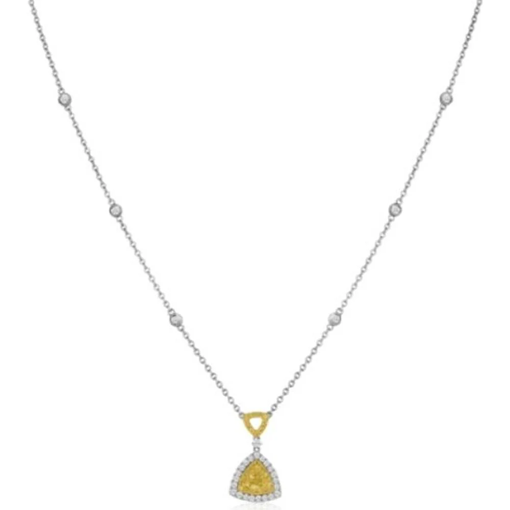 Roman & Jules - 18K White and Yellow Gold Fancy Yellow Trilliant Diamond Necklace with Round White Diamonds - 0.30 Carat Total Diamond Weight