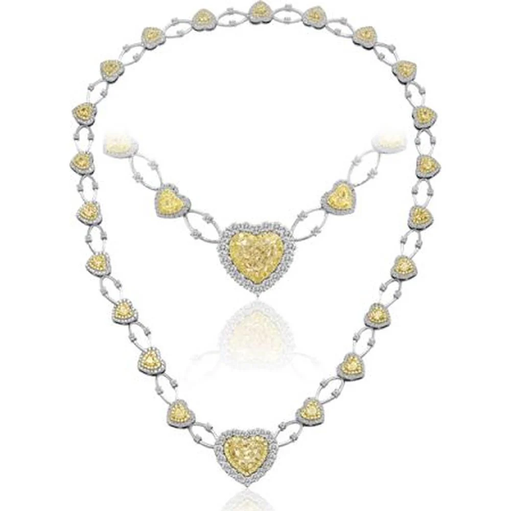 Roman & Jules - 18K White and Yellow Gold Floating Heart Necklace with Fancy Yellow Diamond and Round Diamond Halo - 6.77 Carat Total Diamond Weight