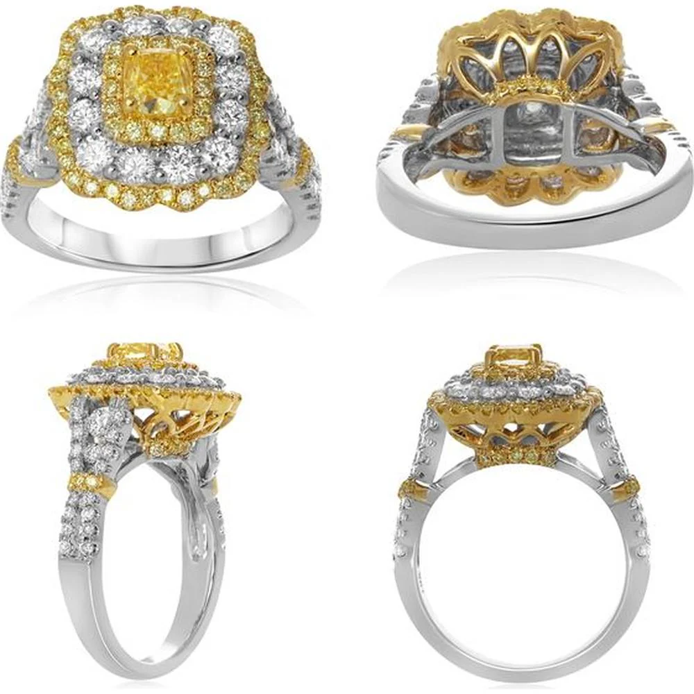 Roman & Jules - 18K White and Yellow Gold Flowering Cushion Cut Diamond Ring with Fancy Yellow Diamond - 1.83 Carat Total Diamond Weight