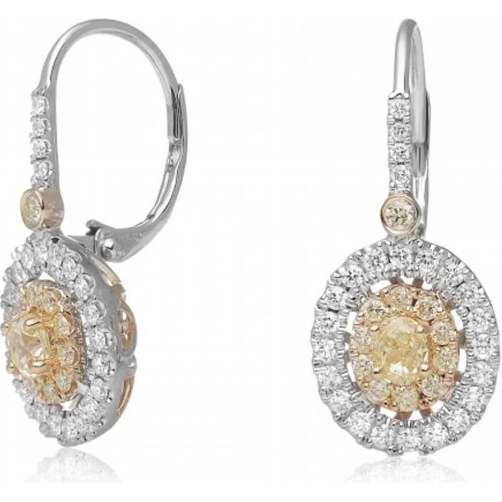 Roman & Jules - 18K White and Yellow Gold Halo Earrings with Fancy Yellow and Round Diamonds - 0.75 Carat Total Diamond Weight