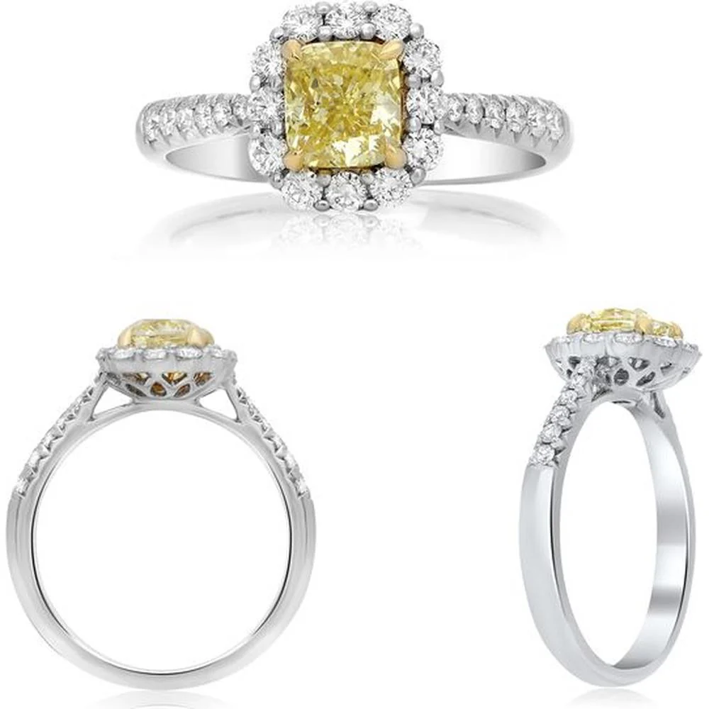 Roman & Jules - 18K White and Yellow Gold Halo Ring with 1.02 Carat Radiant Fancy Yellow Diamond Center and Round Diamonds - 1.42 Carat Total Diamond Weight