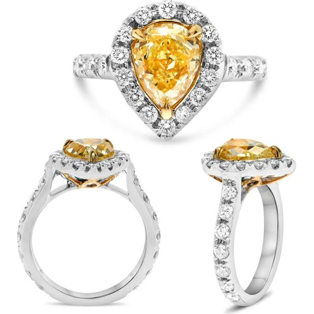Roman & Jules - 18K White & Yellow Gold Halo Ring with 2.14 Carat Pear-Shaped Fancy Yellow Diamond and 1.00 Carat Round White Diamonds