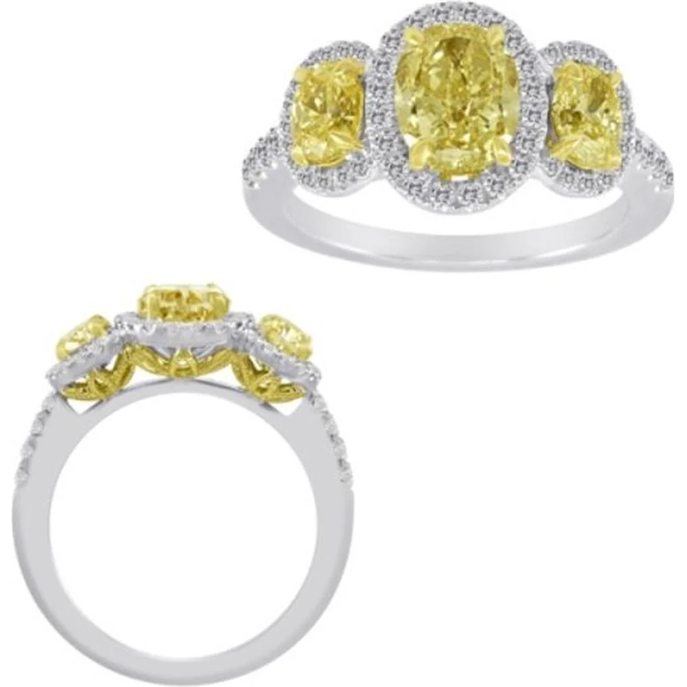 Roman & Jules - 18K White and Yellow Gold Halo Ring with Fancy Yellow Oval Diamonds - 1.10 Carat Total Diamond Weight