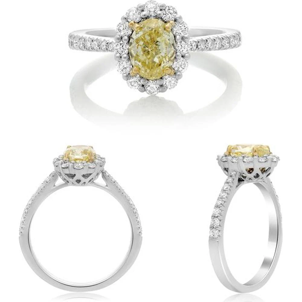 Roman & Jules - 18K White and Yellow Gold Halo Ring with Oval Fancy Yellow Diamond - 0.69 Carat Total Diamond Weight